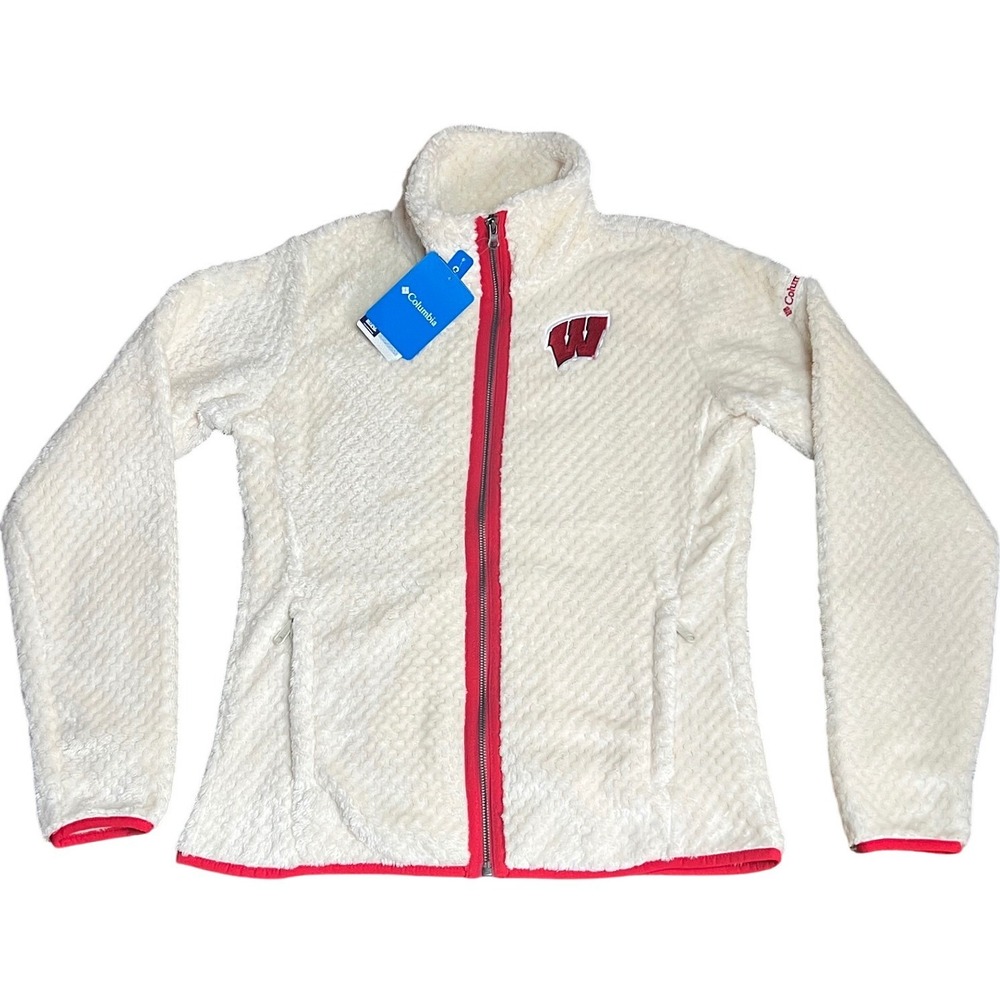 Columbia Wisconsin Badgers Womens Fire Side II Sherpa Jacket Ivory Red S NEW